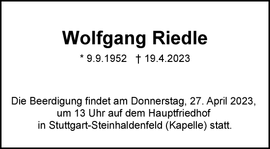 Traueranzeige von Wolfgang Riedle von Stuttgarter Zeitung / Stuttgarter Nachrichten