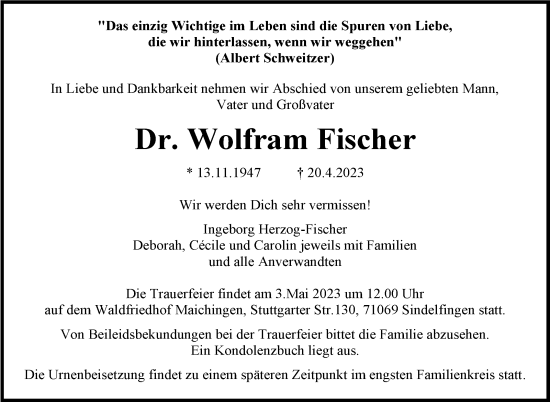 Traueranzeige von Wolfram Fischer von Stuttgarter Zeitung / Stuttgarter Nachrichten