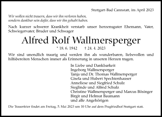 Traueranzeige von Alfred Rolf Wallmersperger von Stuttgarter Zeitung / Stuttgarter Nachrichten