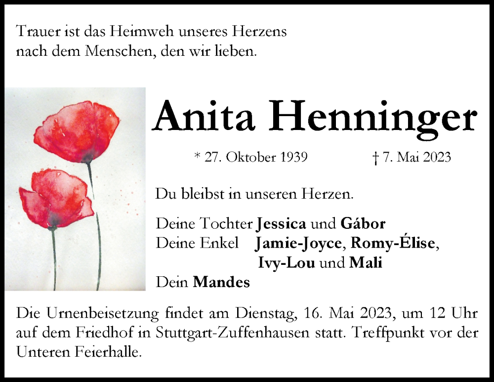  Traueranzeige für Anita Henninger vom 13.05.2023 aus Stuttgarter Zeitung / Stuttgarter Nachrichten