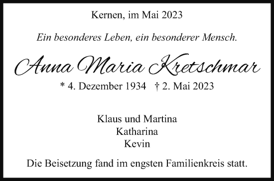 Traueranzeige von Anna Maria Kretschmar von Stuttgarter Zeitung / Stuttgarter Nachrichten