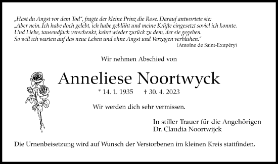 Traueranzeige von Anneliese Noortwyck von Stuttgarter Zeitung / Stuttgarter Nachrichten