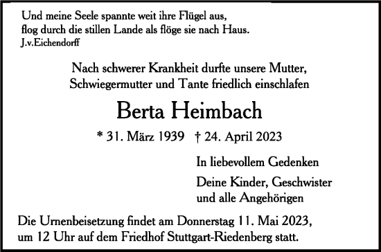 Traueranzeige von Berta Heimbach von Stuttgarter Zeitung / Stuttgarter Nachrichten