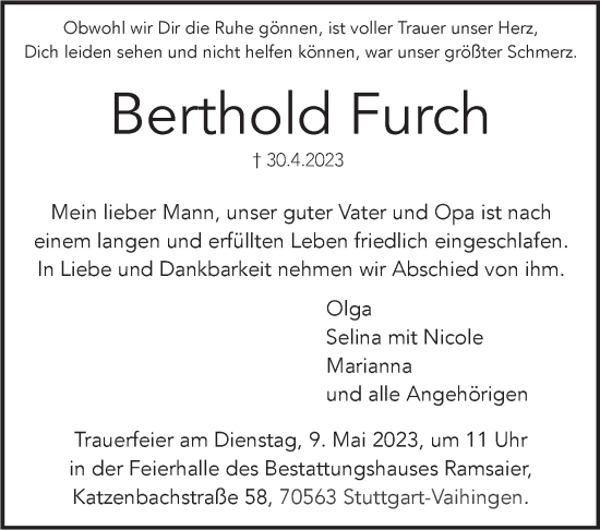 Traueranzeige von Berthold Furch von Stuttgarter Zeitung / Stuttgarter Nachrichten
