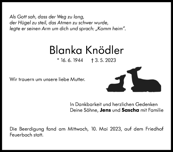 Traueranzeige von Blanka Knödler von Stuttgarter Zeitung / Stuttgarter Nachrichten