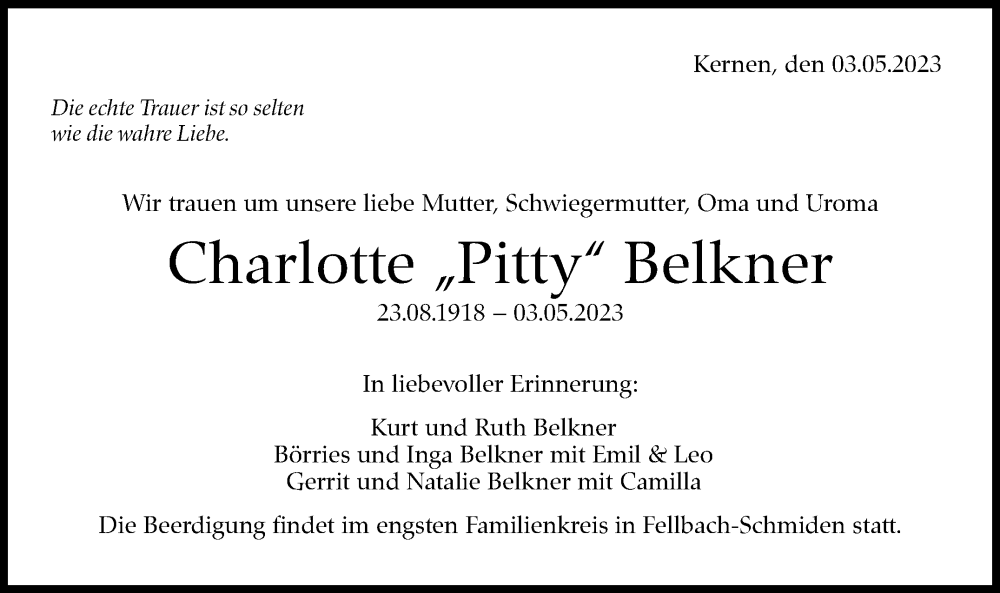  Traueranzeige für Charlotte Belkner vom 11.05.2023 aus Stuttgarter Zeitung / Stuttgarter Nachrichten