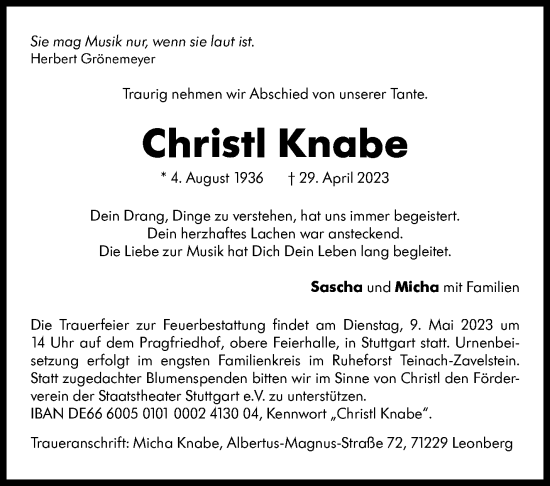 Traueranzeige von Christl Knabe von Stuttgarter Zeitung / Stuttgarter Nachrichten