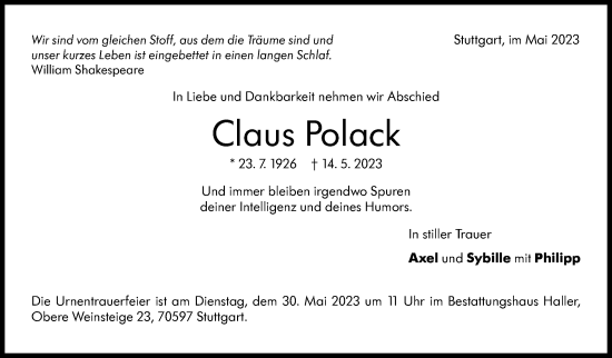 Traueranzeige von Claus Polack von Stuttgarter Zeitung / Stuttgarter Nachrichten