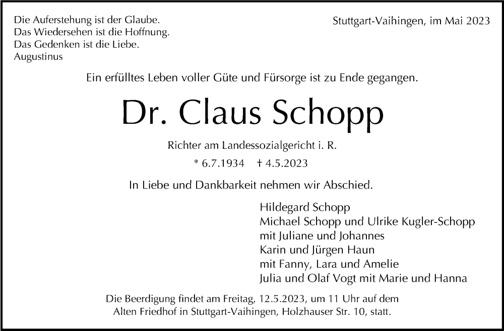  Traueranzeige für Claus Schopp vom 10.05.2023 aus Stuttgarter Zeitung / Stuttgarter Nachrichten
