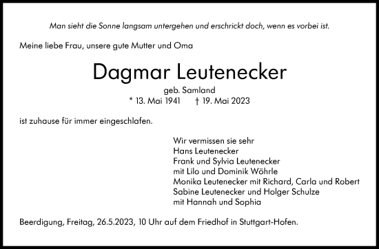 Traueranzeige von Dagmar Leutenecker von Stuttgarter Zeitung / Stuttgarter Nachrichten