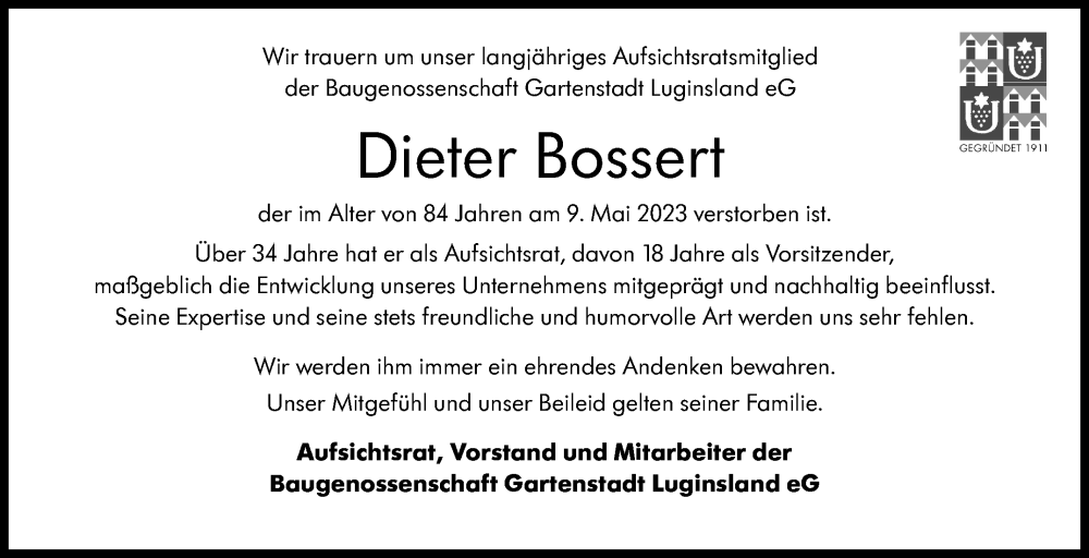  Traueranzeige für Dieter Bossert vom 13.05.2023 aus Stuttgarter Zeitung / Stuttgarter Nachrichten