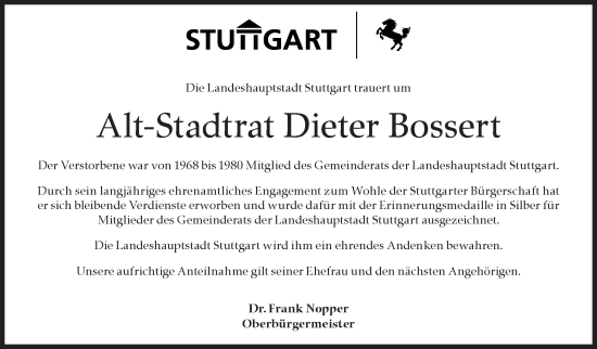 Traueranzeige von Dieter Bossert von Stuttgarter Zeitung / Stuttgarter Nachrichten