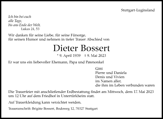 Traueranzeige von Dieter Bossert von Stuttgarter Zeitung / Stuttgarter Nachrichten