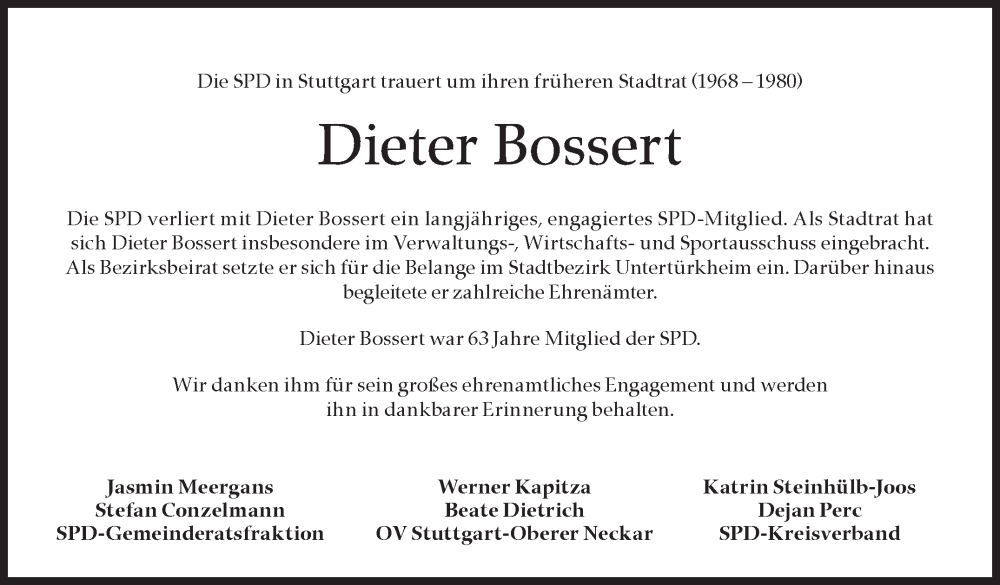  Traueranzeige für Dieter Bossert vom 16.05.2023 aus Stuttgarter Zeitung / Stuttgarter Nachrichten