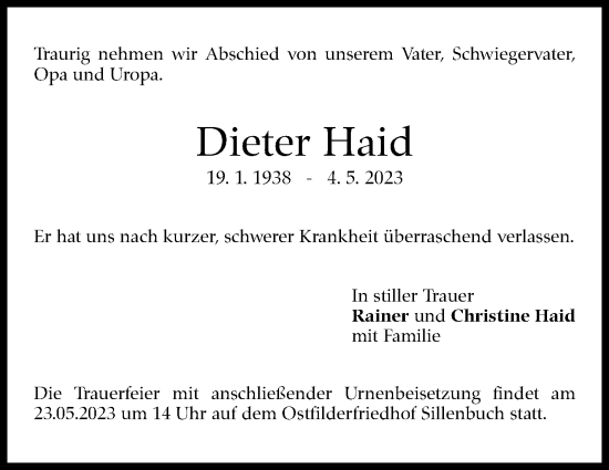 Traueranzeige von Dieter Haid von Stuttgarter Zeitung / Stuttgarter Nachrichten