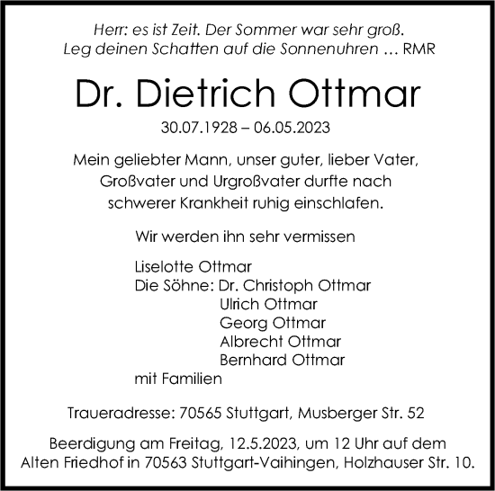 Traueranzeige von Dietrich Ottmar von Stuttgarter Zeitung / Stuttgarter Nachrichten