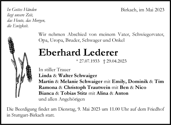 Traueranzeige von Eberhard Lederer von Stuttgarter Zeitung / Stuttgarter Nachrichten