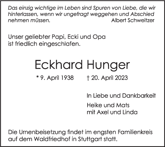Traueranzeige von Eckhard Hunger von Stuttgarter Zeitung / Stuttgarter Nachrichten