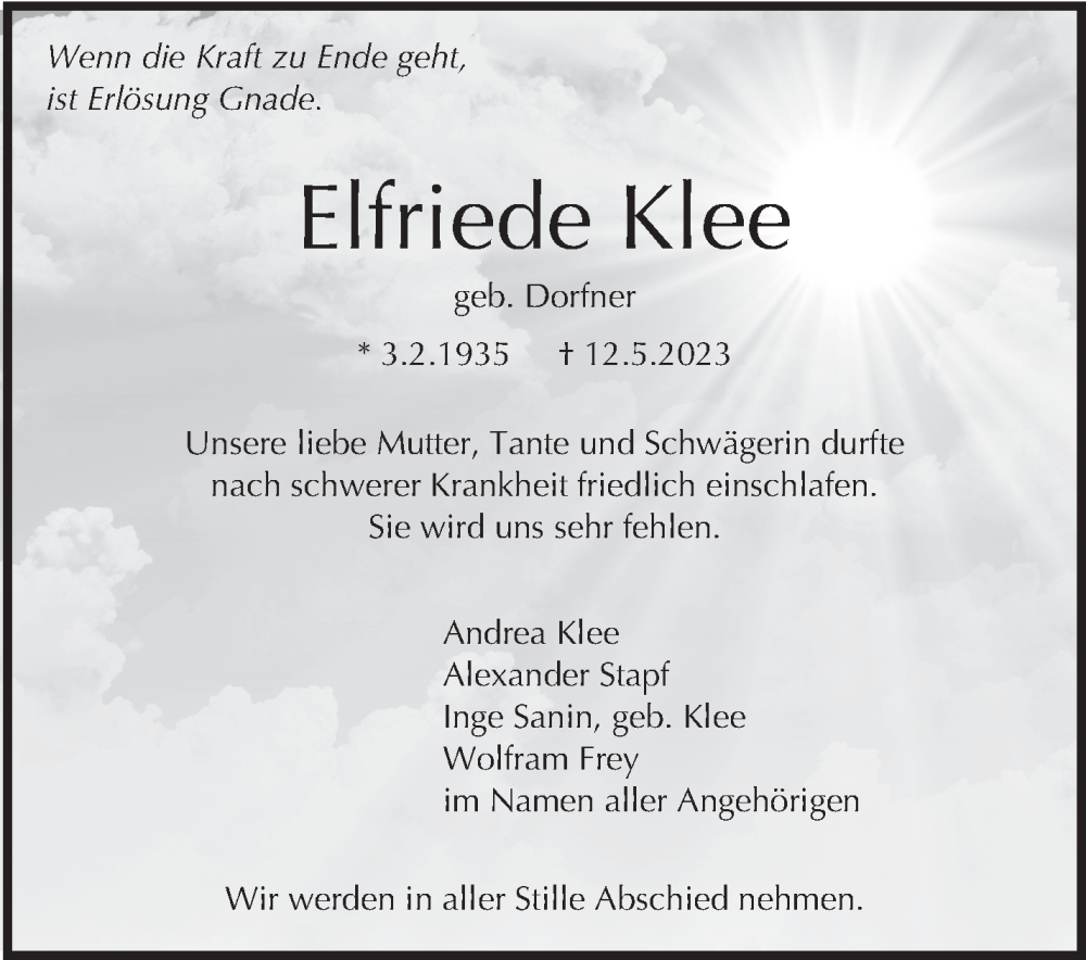  Traueranzeige für Elfriede Klee vom 19.05.2023 aus Stuttgarter Zeitung / Stuttgarter Nachrichten