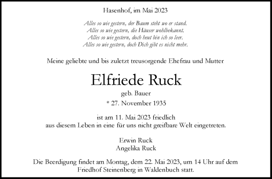 Traueranzeige von Elfriede Ruck von Stuttgarter Zeitung / Stuttgarter Nachrichten