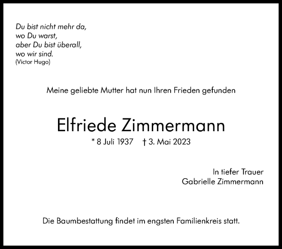 Traueranzeige von Elfriede Zimmermann von Stuttgarter Zeitung / Stuttgarter Nachrichten