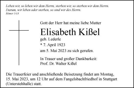 Traueranzeige von Elisabeth Kißel von Stuttgarter Zeitung / Stuttgarter Nachrichten