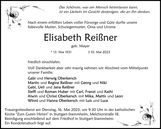 Traueranzeige von Elisabeth Reißner von Stuttgarter Zeitung / Stuttgarter Nachrichten