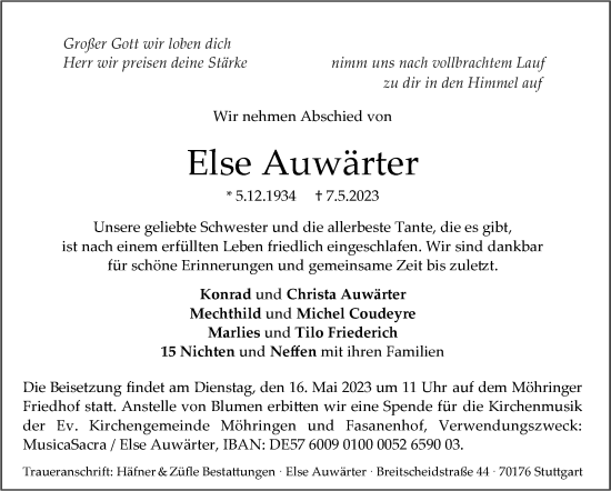 Traueranzeige von Elsa Auwärter von Stuttgarter Zeitung / Stuttgarter Nachrichten