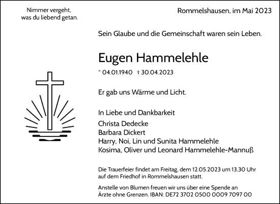 Traueranzeige von Eugen Hammelehle von Stuttgarter Zeitung / Stuttgarter Nachrichten