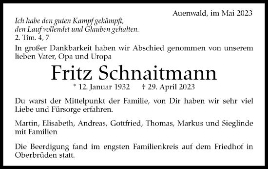 Traueranzeige von Fritz Schnaitmann von Stuttgarter Zeitung / Stuttgarter Nachrichten