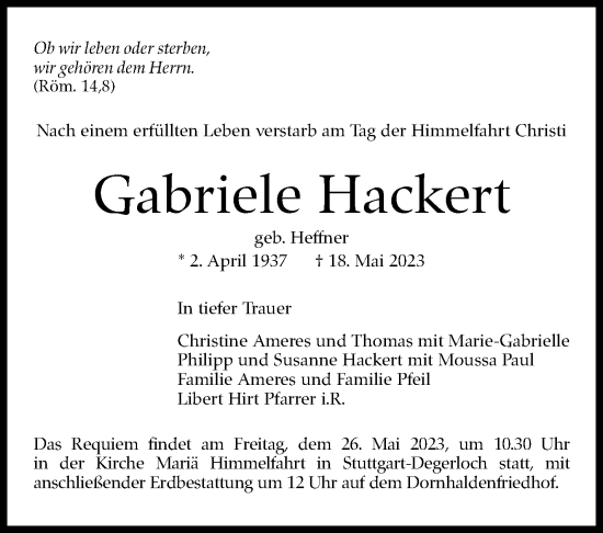Traueranzeige von Gabriele Hackert von Stuttgarter Zeitung / Stuttgarter Nachrichten