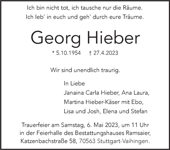 Traueranzeige von Georg Hieber von Stuttgarter Zeitung / Stuttgarter Nachrichten