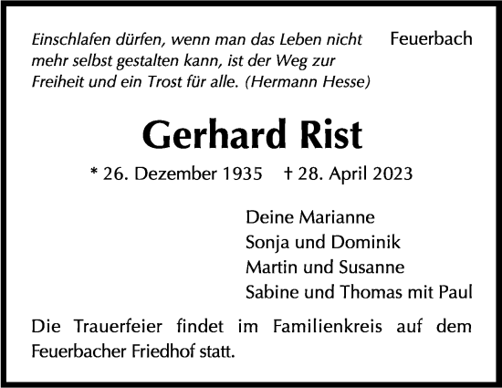 Traueranzeige von Gerhard Rist von Stuttgarter Zeitung / Stuttgarter Nachrichten
