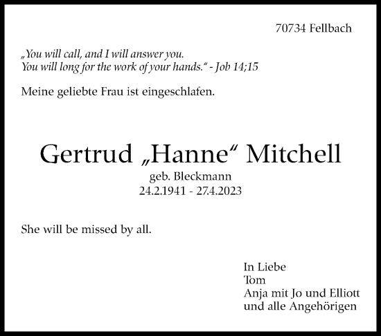 Traueranzeige von Gertrud  Mitchell von Stuttgarter Zeitung / Stuttgarter Nachrichten