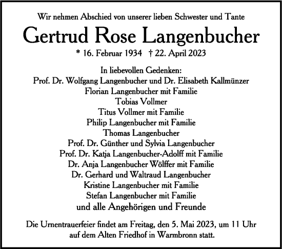 Traueranzeige von Gertrud Rose Langenbucher von Stuttgarter Zeitung / Stuttgarter Nachrichten
