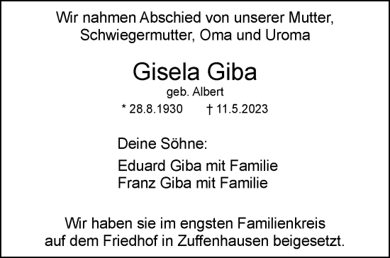 Traueranzeige von Gisela Giba von Stuttgarter Zeitung / Stuttgarter Nachrichten