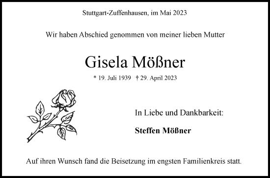 Traueranzeige von Gisela Mößner von Stuttgarter Zeitung / Stuttgarter Nachrichten