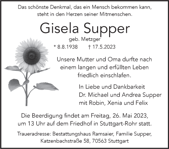 Traueranzeige von Gisela Supper von Stuttgarter Zeitung / Stuttgarter Nachrichten