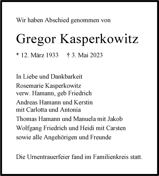 Traueranzeige von Gregor Kasperkowitz von Stuttgarter Zeitung / Stuttgarter Nachrichten