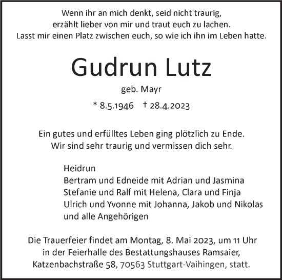 Traueranzeige von Gudrun Lutz von Stuttgarter Zeitung / Stuttgarter Nachrichten