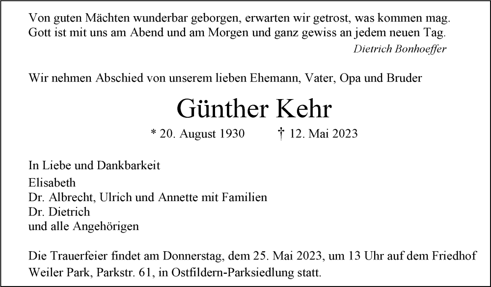  Traueranzeige für Günther Kehr vom 20.05.2023 aus Stuttgarter Zeitung / Stuttgarter Nachrichten