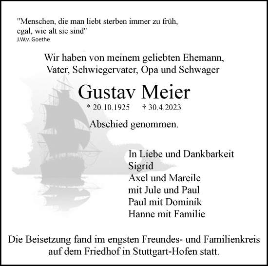 Traueranzeige von Gustav Meier von Stuttgarter Zeitung / Stuttgarter Nachrichten