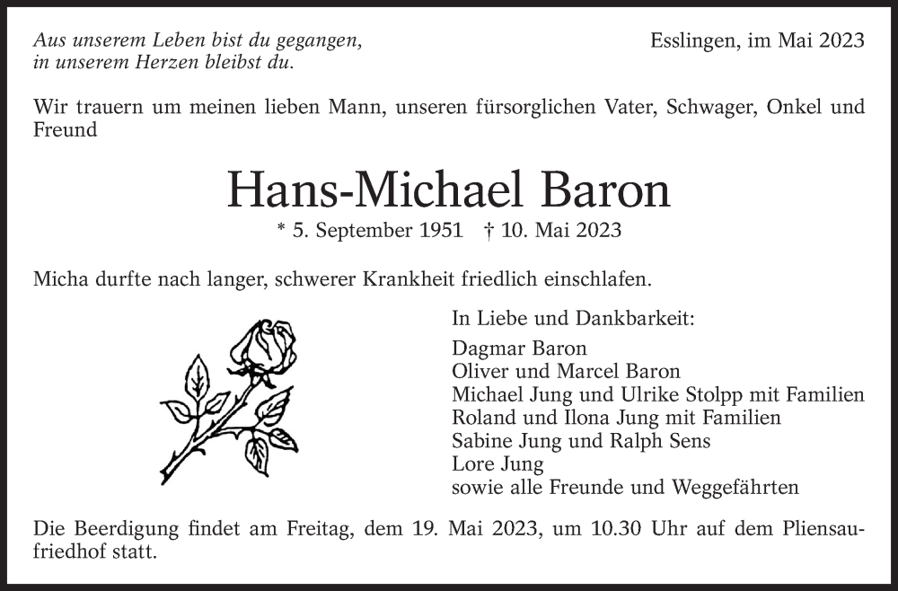  Traueranzeige für Hans-Michael Baron vom 13.05.2023 aus Stuttgarter Zeitung / Stuttgarter Nachrichten