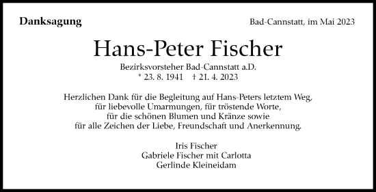Traueranzeige von Hans-Peter Fischer von Stuttgarter Zeitung / Stuttgarter Nachrichten