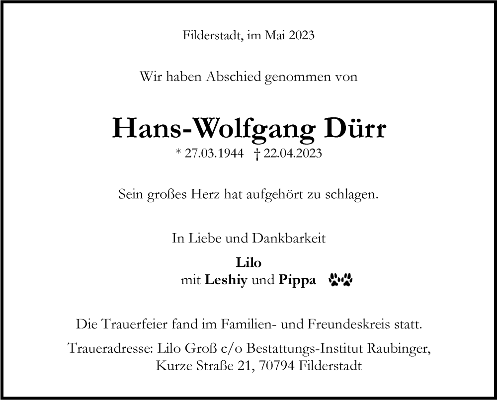  Traueranzeige für Hans-Wolfgang Dürr vom 13.05.2023 aus Stuttgarter Zeitung / Stuttgarter Nachrichten