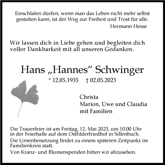 Traueranzeige von Hans Hannes Schwinger von Stuttgarter Zeitung / Stuttgarter Nachrichten