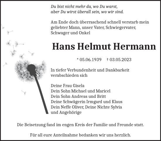 Traueranzeige von Hans Helmut Hermann von Stuttgarter Zeitung / Stuttgarter Nachrichten