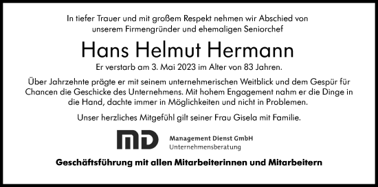 Traueranzeige von Hans Helmut Hermann von Stuttgarter Zeitung / Stuttgarter Nachrichten