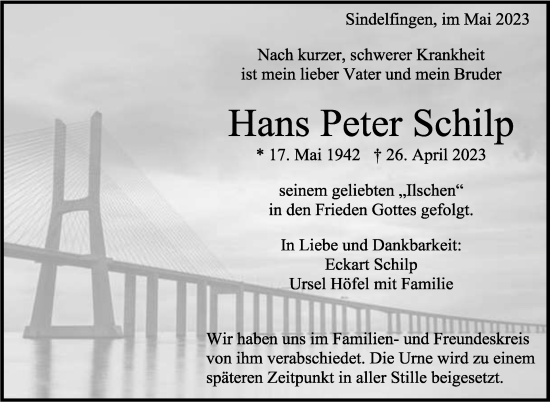 Traueranzeige von Hans Peter Schilp von Stuttgarter Zeitung / Stuttgarter Nachrichten