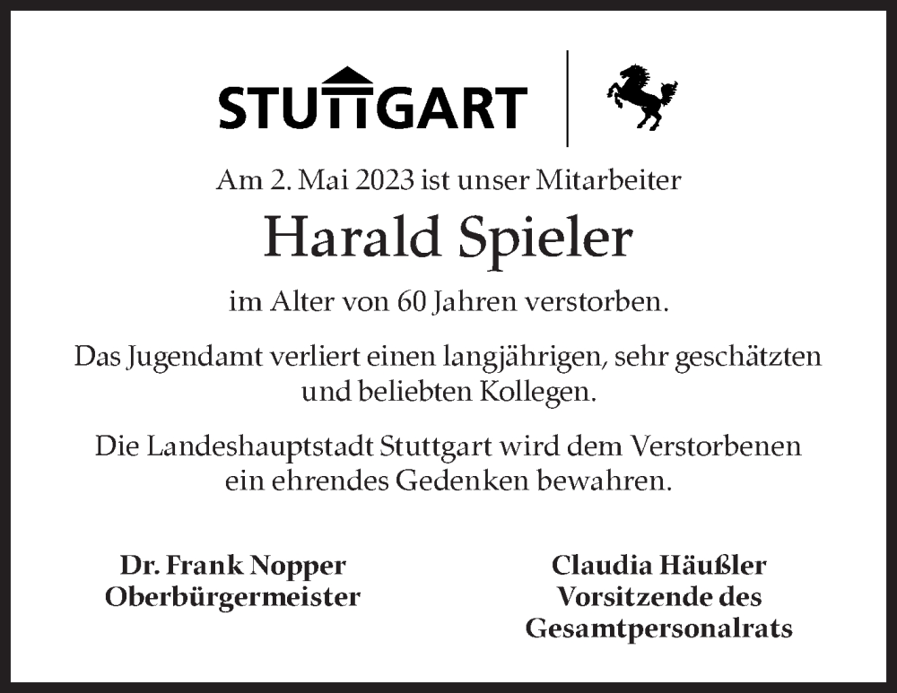  Traueranzeige für Harald Spieler vom 15.05.2023 aus Stuttgarter Zeitung / Stuttgarter Nachrichten